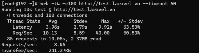 Test tốc độ với lệnh wrk Laravel + Nginx + PHP-FPM