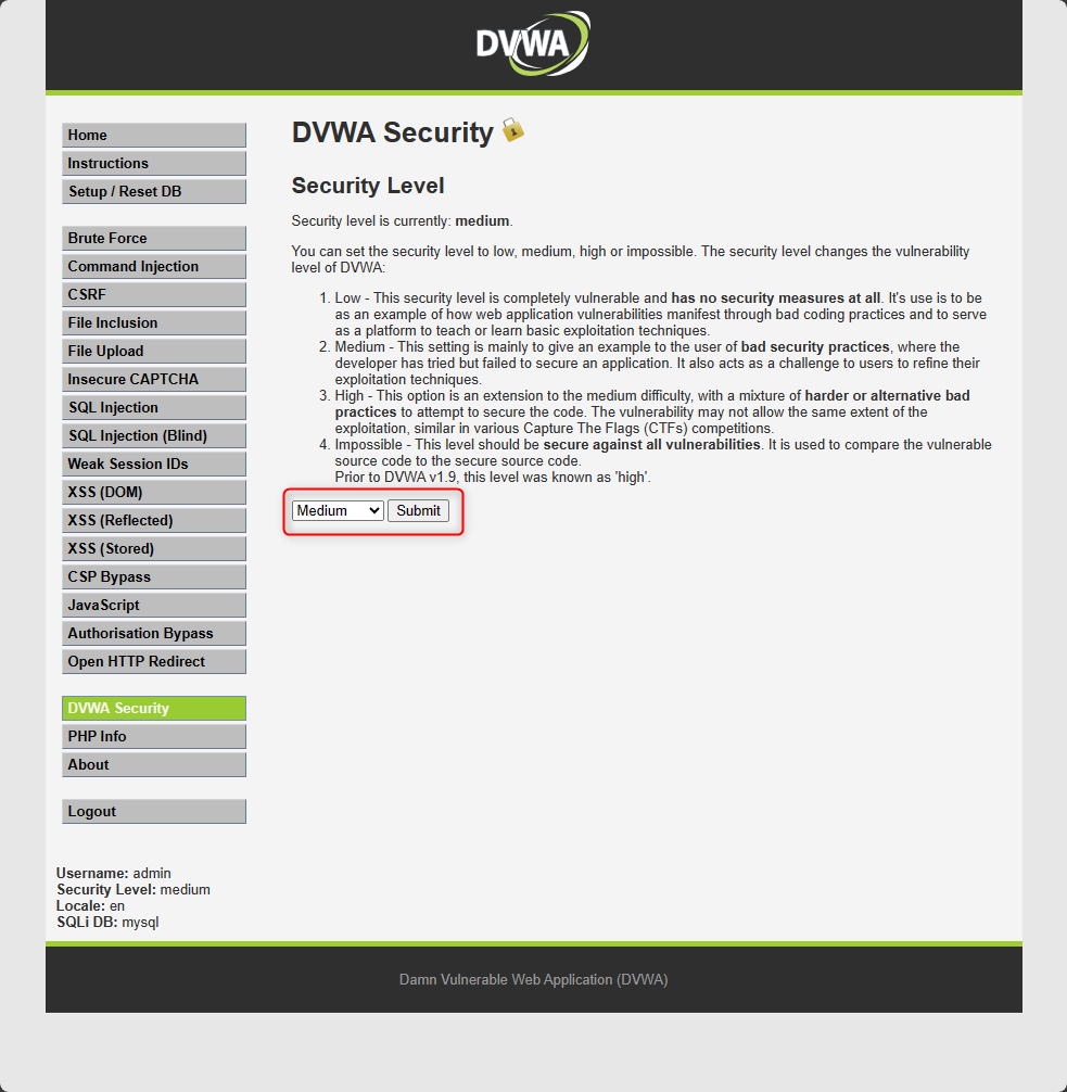 DVWA setting page